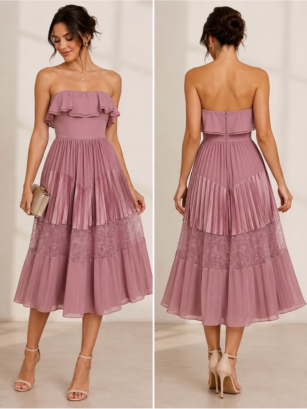 NWT True Decadence Strapless Dusty Rose Pleated Lace Midi Dress Size 10